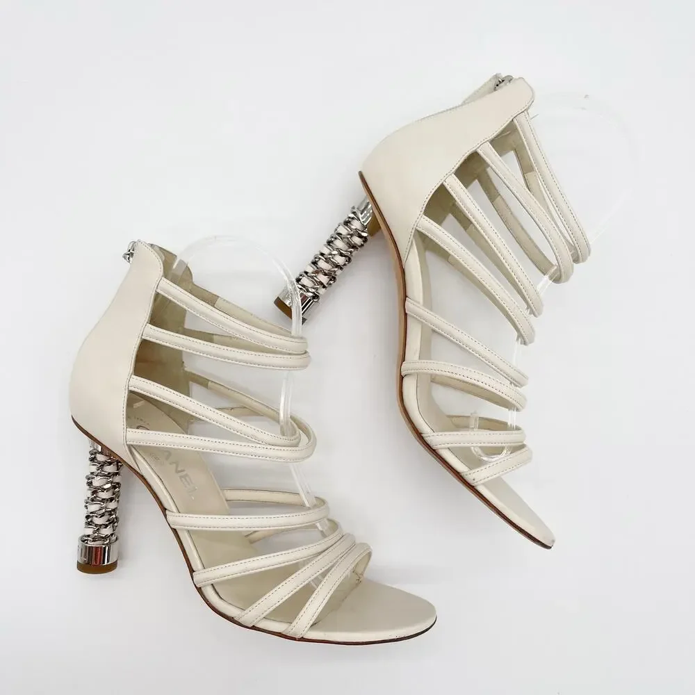 Chanel Ivory Leather Caged Coco Tower Chain Link Heel Ankle Zip Sandals EU 39